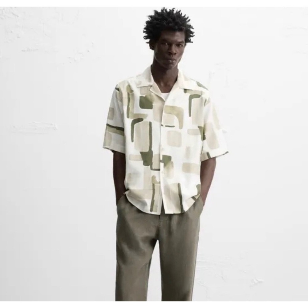 Zara Man Geometric Block Print Short Sleeve Viscose Shirt Green Tan Sz Regular L